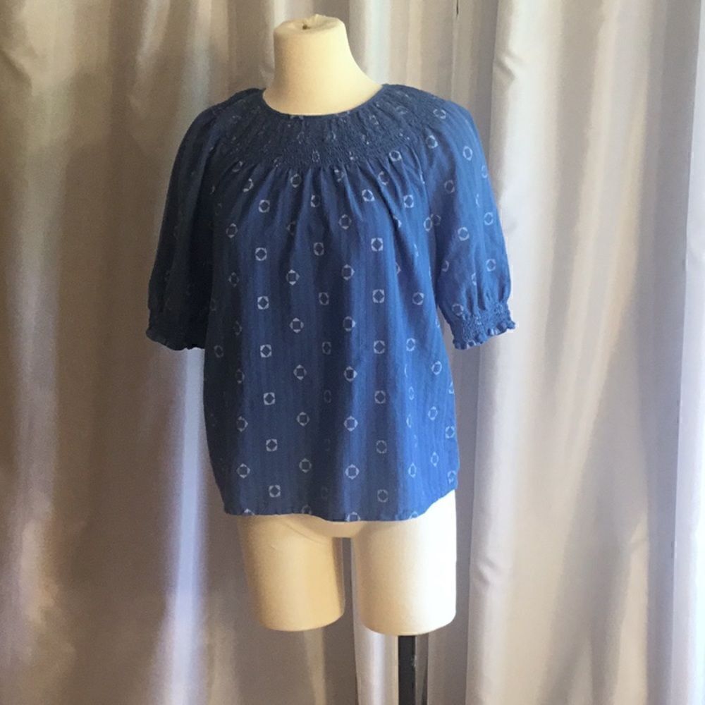 Denim look top with smocking at neck & sleeve cuff in Med by SONOMA